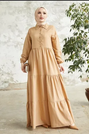 Beige Modest Long Collar Tiered Dress for Women | Elegant and Comfortable